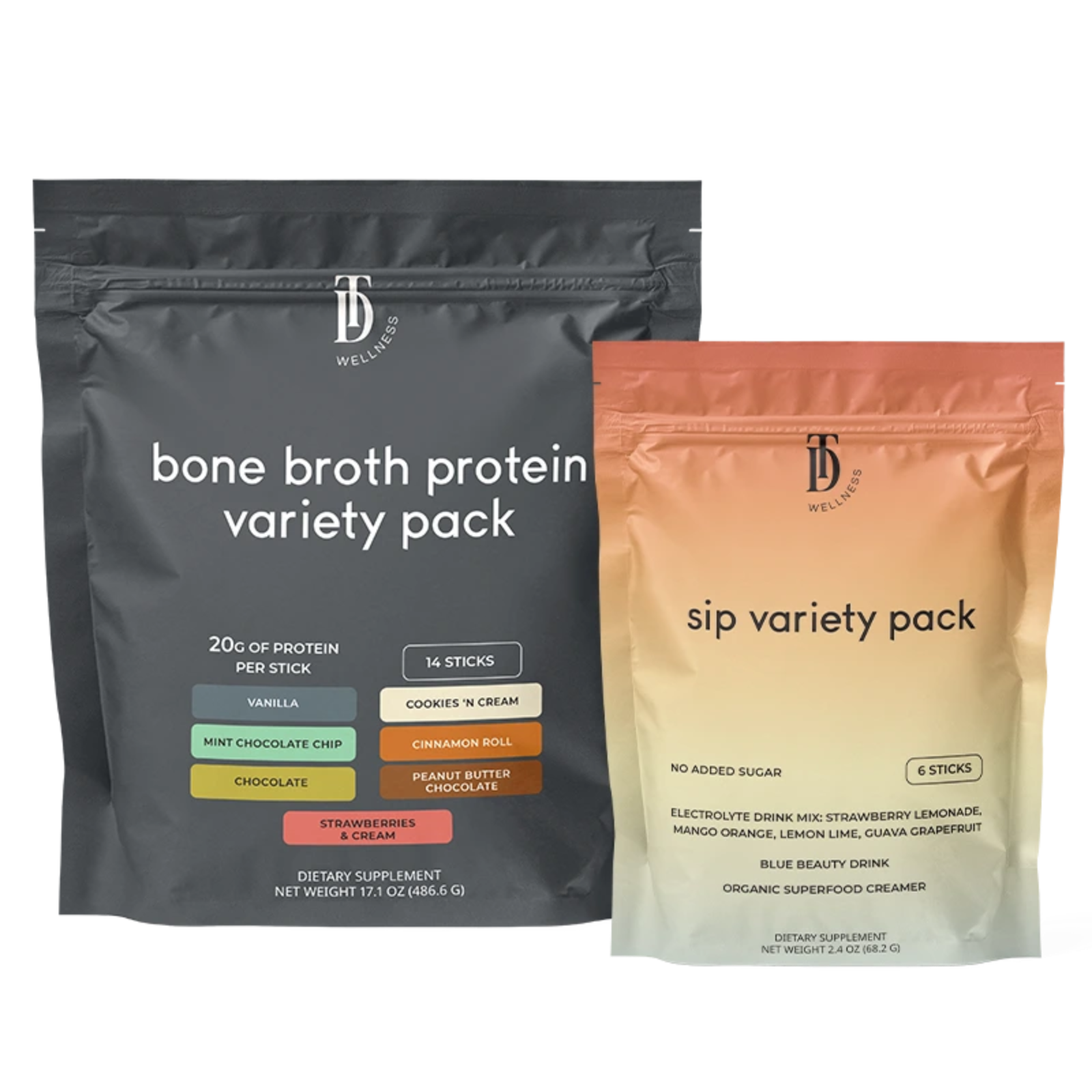 Two packages of Taylor Dukes Wellness bone broth protein and sip variety packs on a white background.