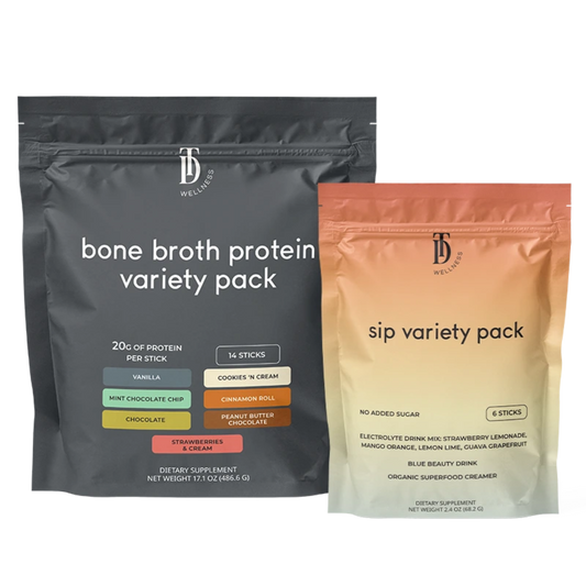 Two packages of Taylor Dukes Wellness bone broth protein and sip variety packs on a white background.